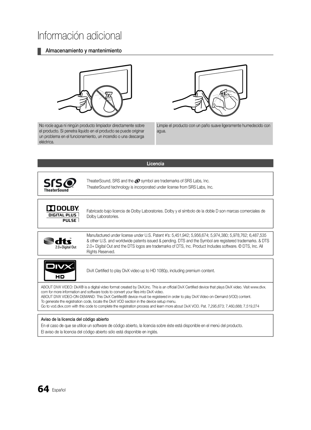 Samsung UC9000-NA, BN68-03088A-02 user manual Almacenamiento y mantenimiento, Licencia 