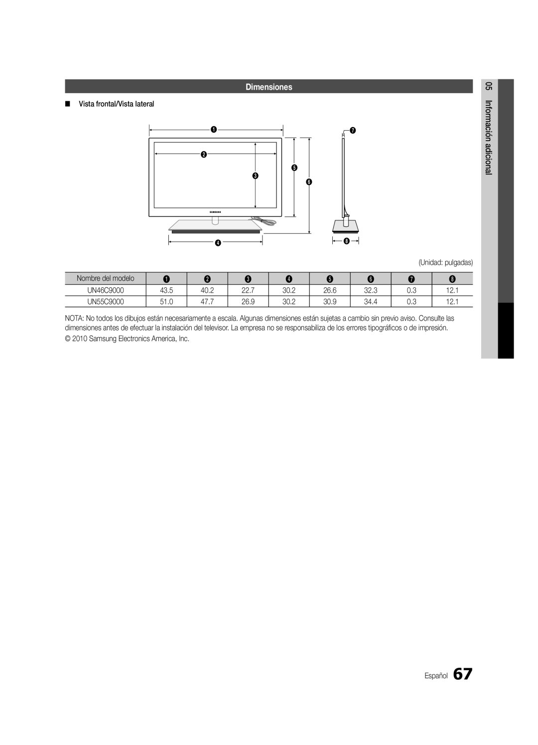 Samsung BN68-03088A-02, UC9000-NA user manual Dimensiones, Vista frontal/Vista lateral, Samsung Electronics America, Inc 