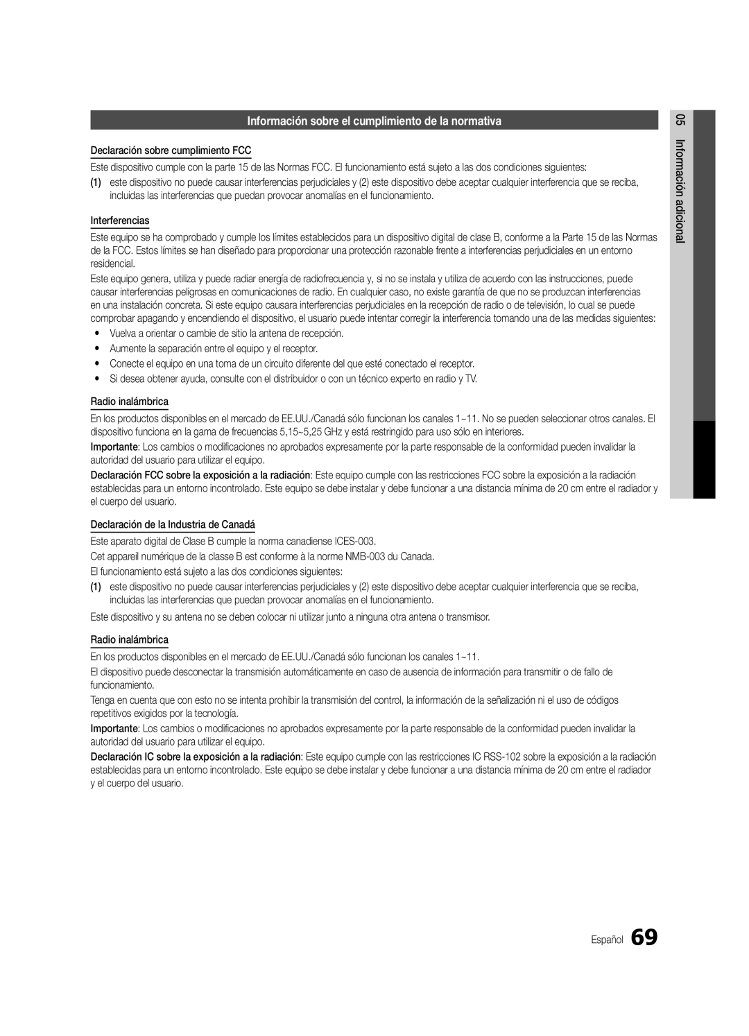 Samsung BN68-03088A-02, UC9000-NA Información sobre el cumplimiento de la normativa, Declaración sobre cumplimiento FCC 