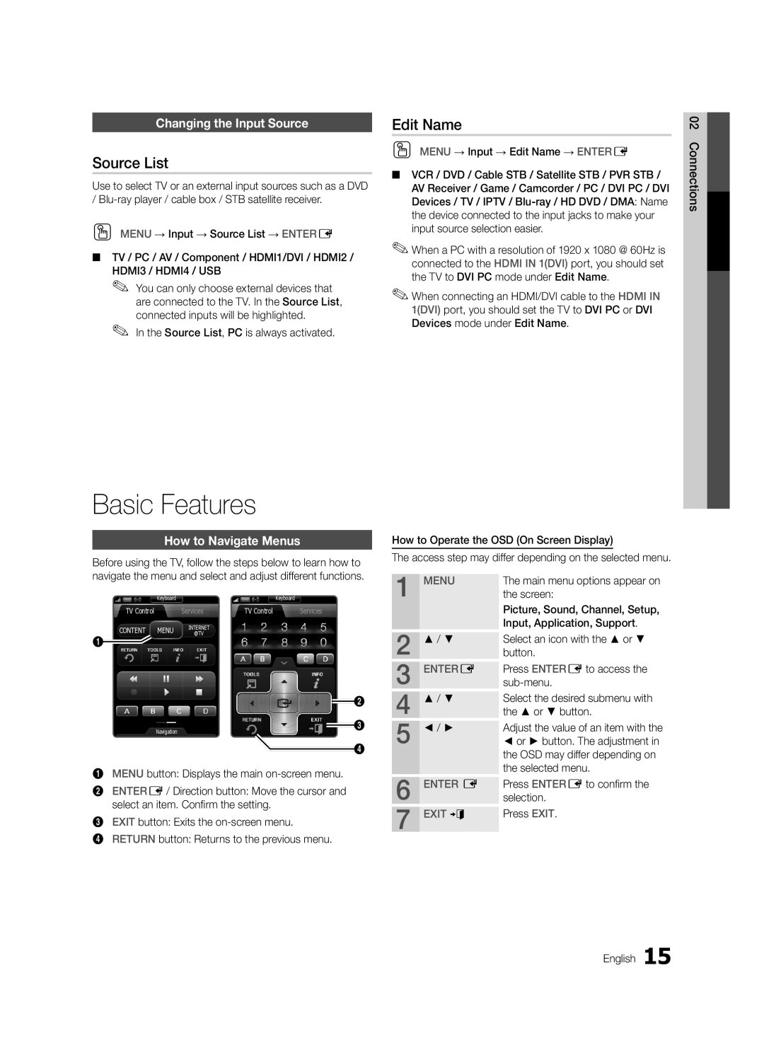 Samsung UC9000-NA, BN68-03088A-02 Basic Features, Source List, Edit Name, Changing the Input Source, How to Navigate Menus 