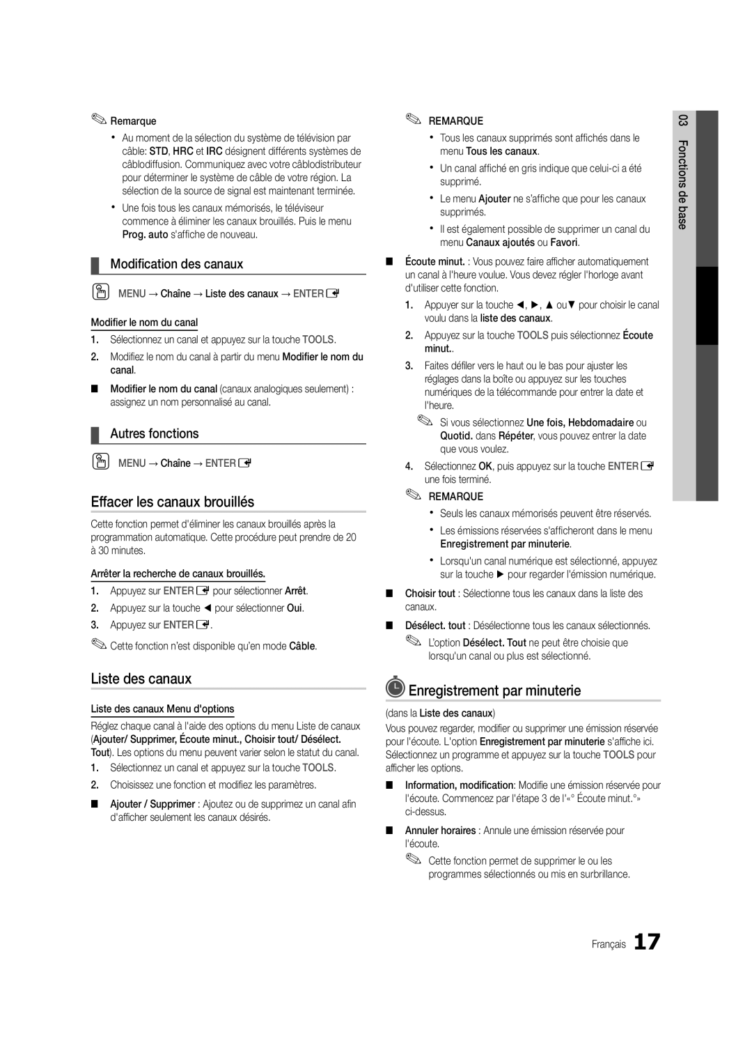 Samsung UC9000-NA Effacer les canaux brouillés, Enregistrement par minuterie, Modification des canaux, Autres fonctions 