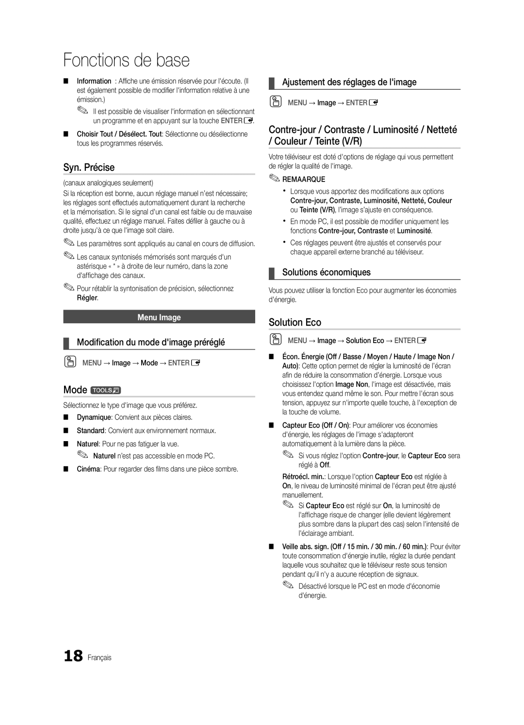 Samsung BN68-03088A-02, UC9000-NA Syn. Précise, Solution Eco, Ajustement des réglages de limage, Solutions économiques 