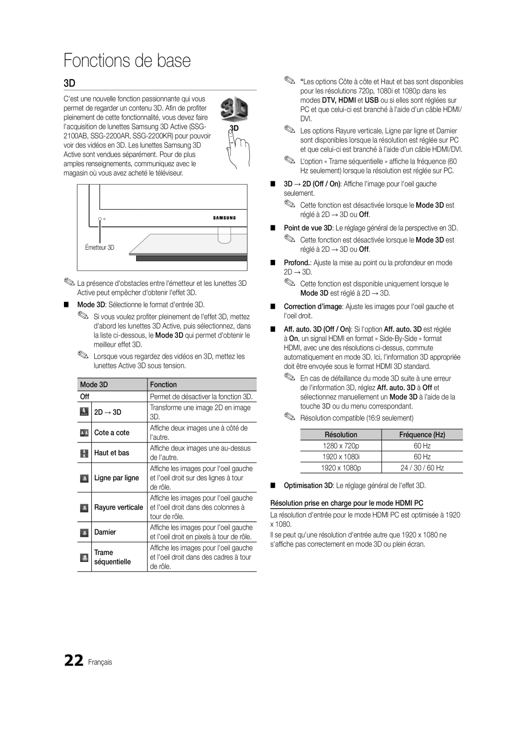 Samsung BN68-03088A-02 Mode 3D Sélectionne le format dentrée 3D, Cote a cote, Côté de, Haut et bas, De lautre, Trame 