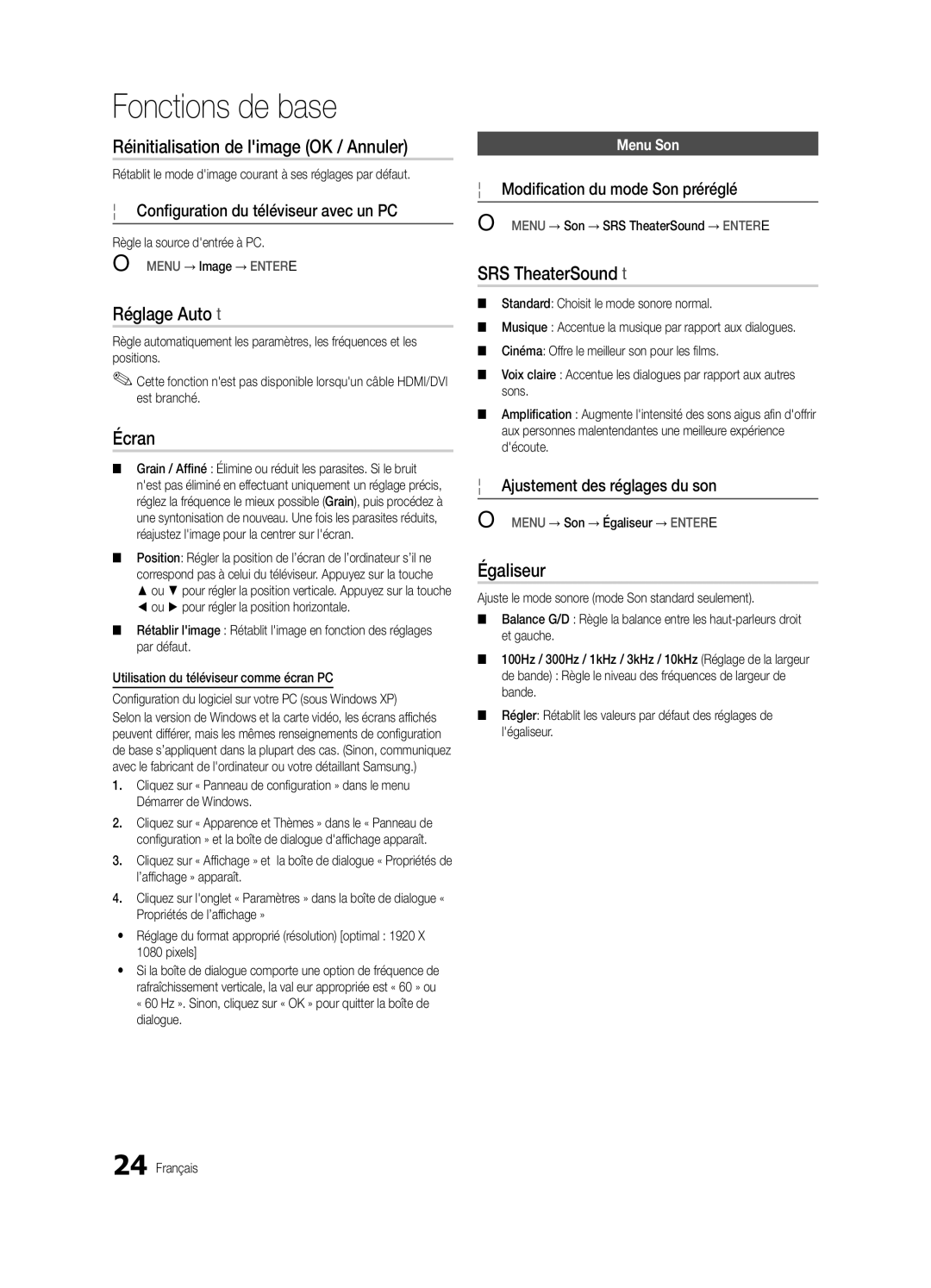 Samsung BN68-03088A-02, UC9000-NA user manual Réinitialisation de limage OK / Annuler, Réglage Auto t, Écran, Égaliseur 