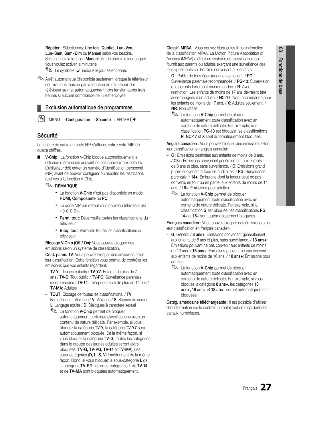 Samsung UC9000-NA, BN68-03088A-02 user manual Sécurité, Exclusion automatique de programmes 