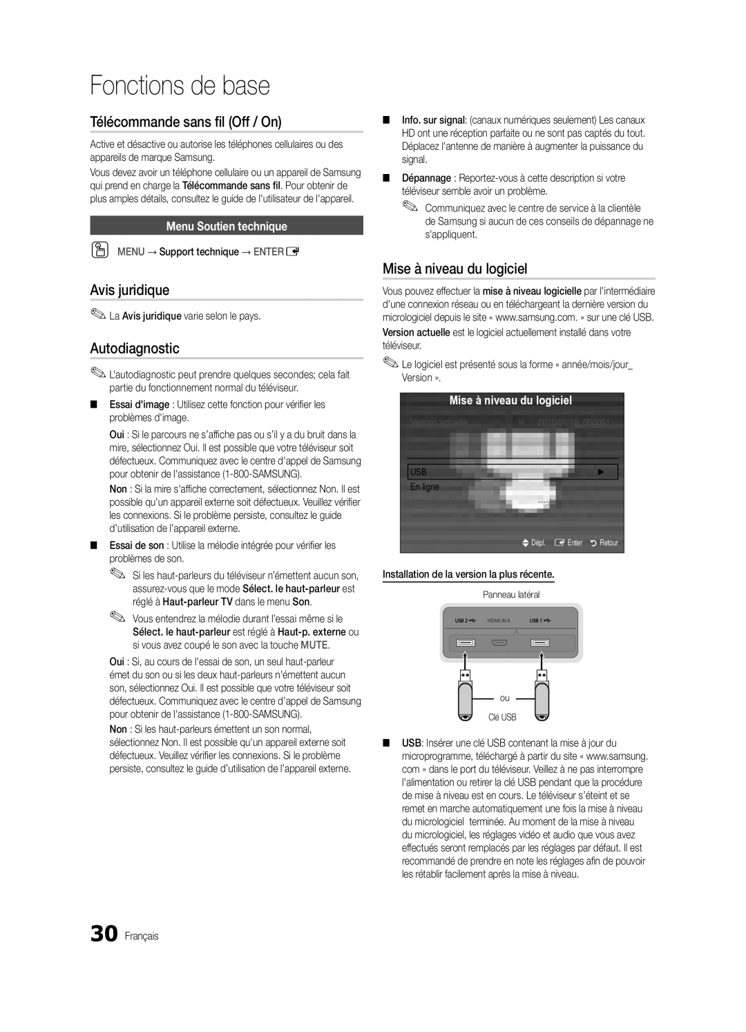 Samsung BN68-03088A-02 Télécommande sans fil Off / On, Avis juridique, Autodiagnostic, Mise à niveau du logiciel 