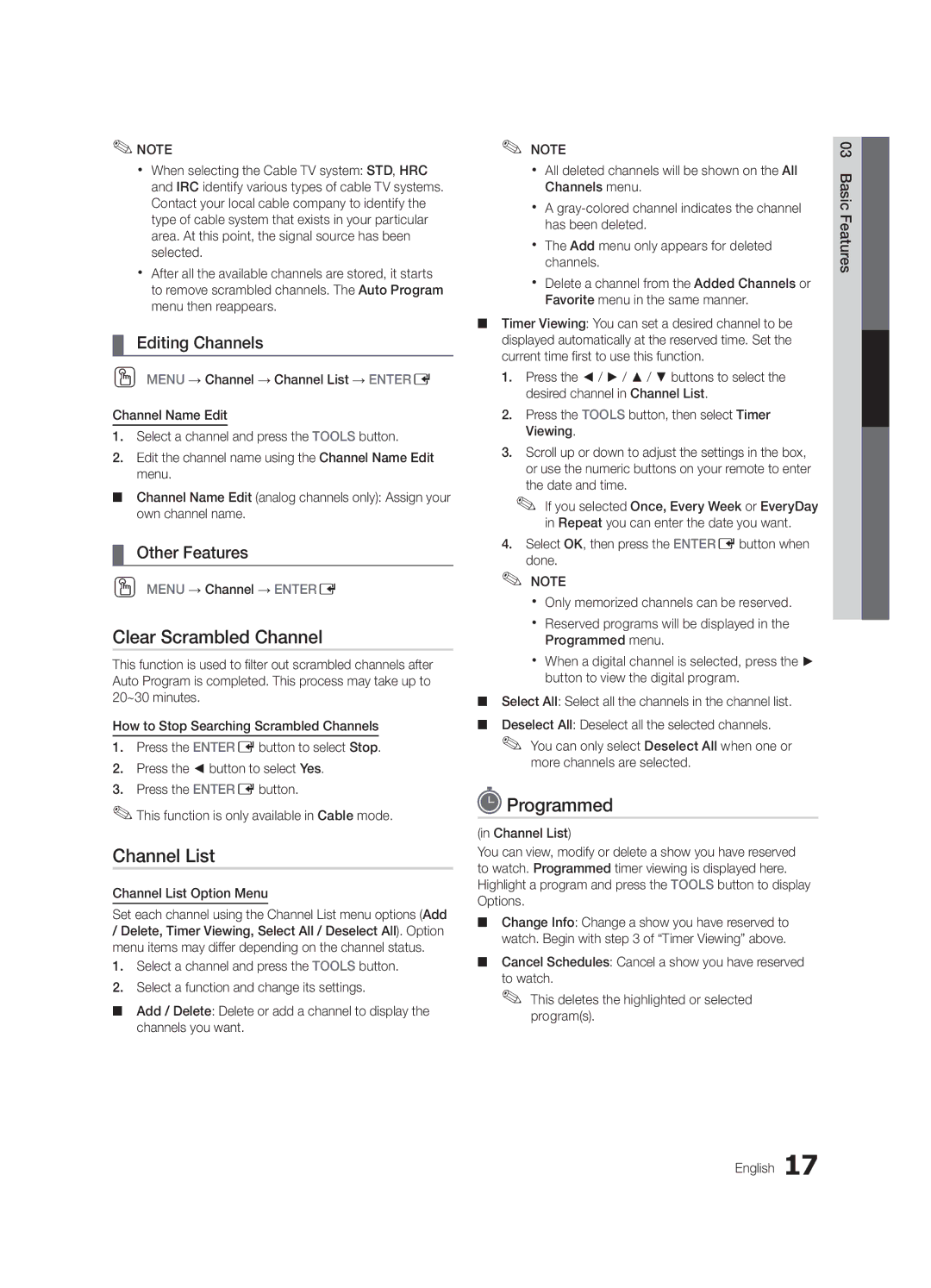 Samsung UC9000-NA Clear Scrambled Channel, Programmed, Editing Channels, Other Features, Channel List Option Menu 