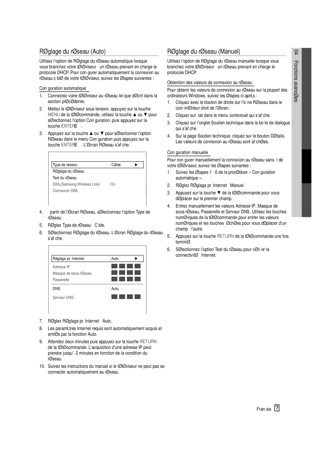 Samsung UC9000-NA, BN68-03088A-02 user manual Réglage du réseau Auto, Réglage du réseau Manuel, Réseau 