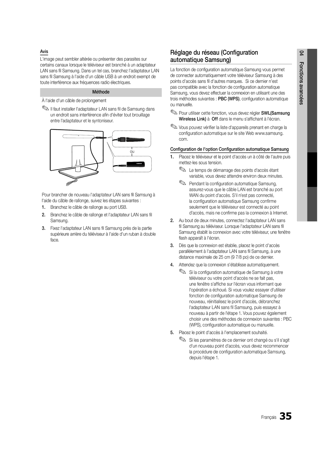 Samsung UC9000-NA Réglage du réseau Configuration automatique Samsung, Avis, Méthode Laide dun câble de prolongement 