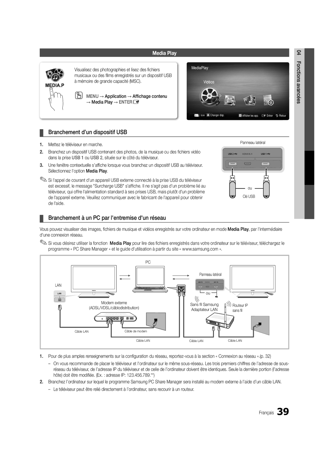 Samsung UC9000-NA user manual Branchement d’un dispositif USB, Branchement à un PC par lentremise dun réseau, Sans fi l 