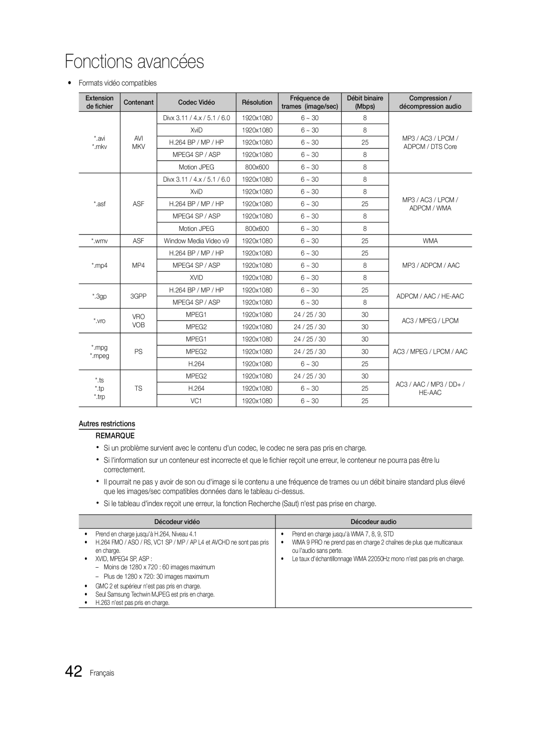 Samsung BN68-03088A-02 Yy Formats vidéo compatibles, Autres restrictions Remarque, En charge Ou laudio sans perte 