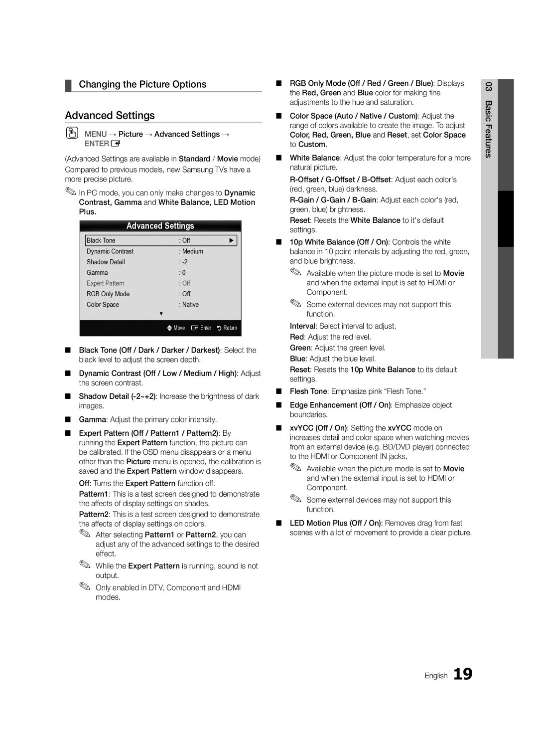 Samsung UC9000-NA, BN68-03088A-02 user manual Advanced Settings, Changing the Picture Options 