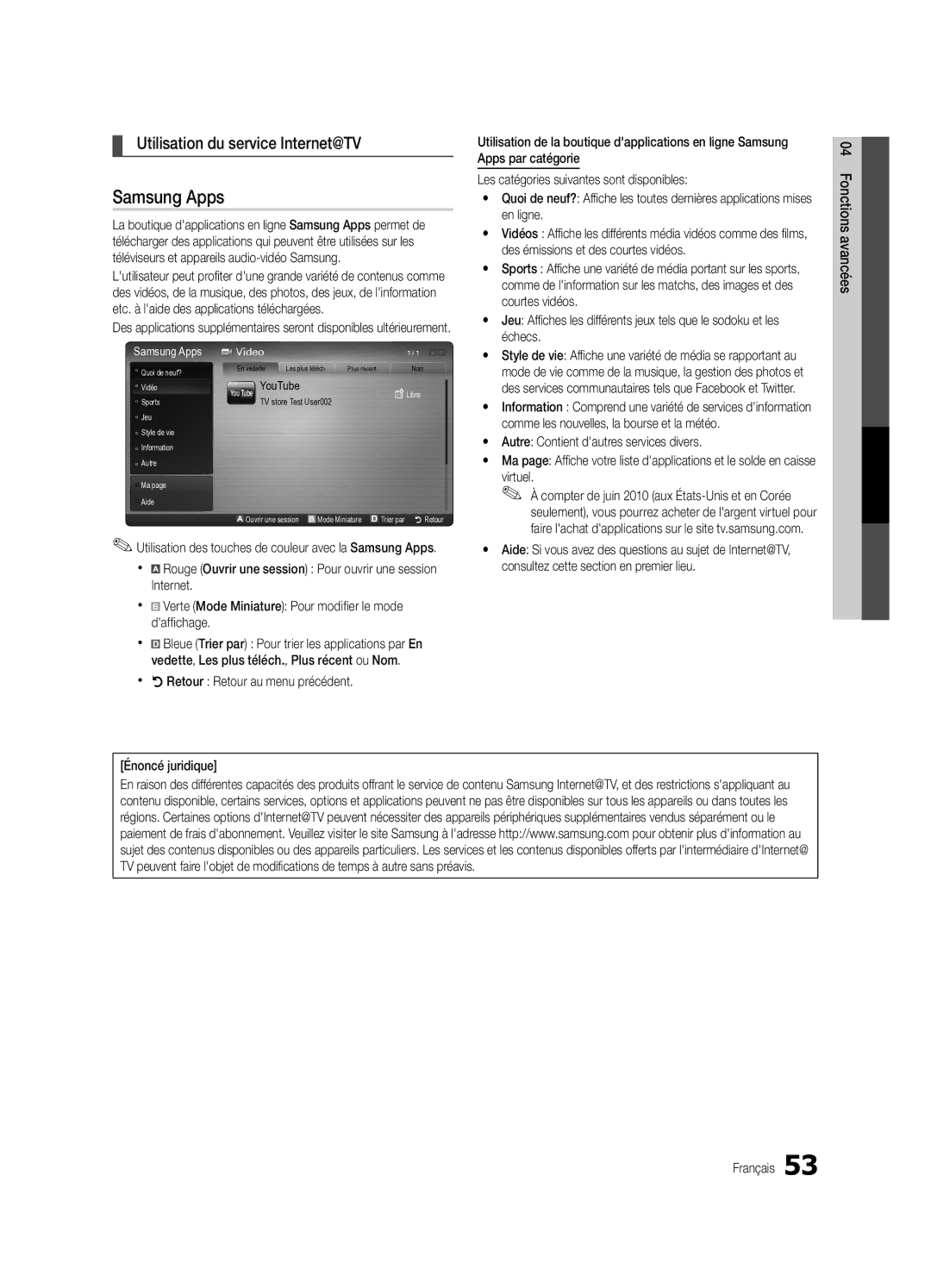 Samsung UC9000-NA user manual Utilisation du service Internet@TV, Utilisation des touches de couleur avec la Samsung Apps 