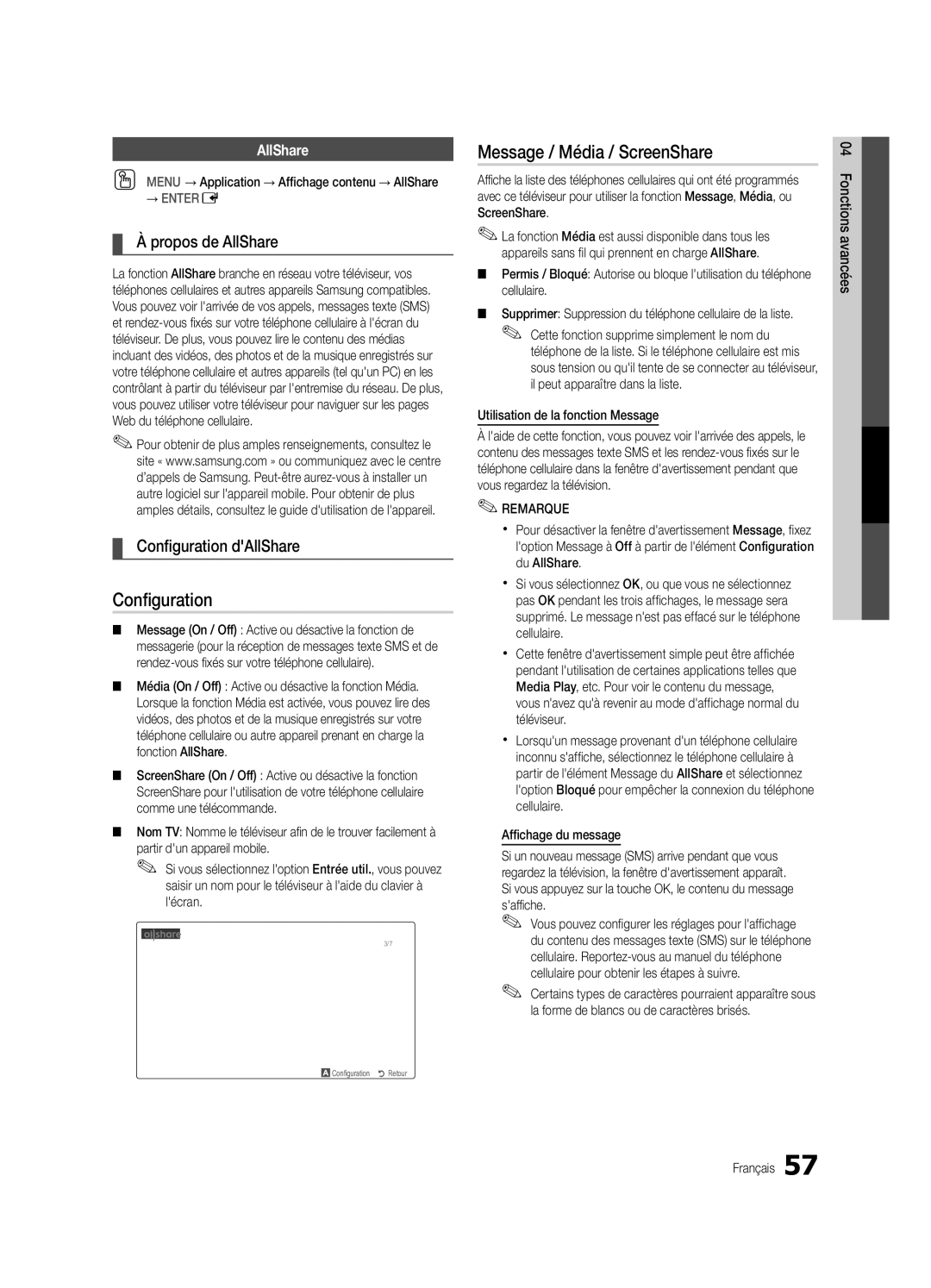 Samsung UC9000-NA, BN68-03088A-02 user manual Message / Média / ScreenShare, Propos de AllShare, Configuration dAllShare 