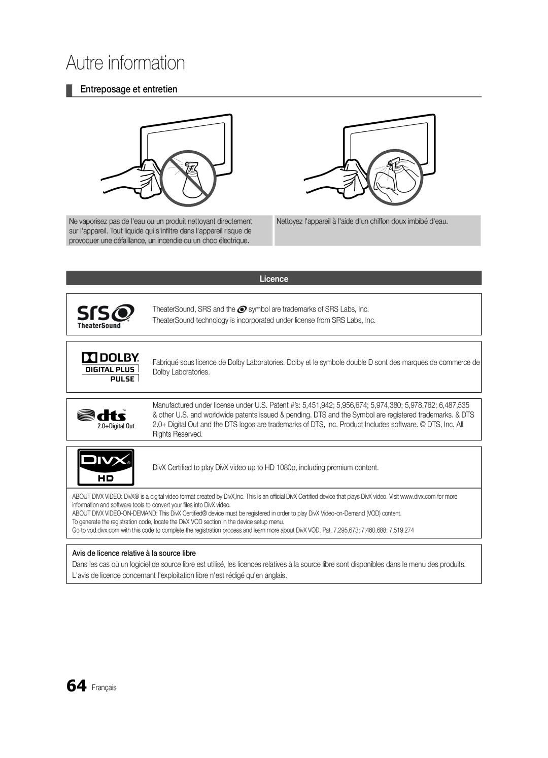 Samsung BN68-03088A-02 Entreposage et entretien, Licence, Nettoyez lappareil à laide dun chiffon doux imbibé deau 