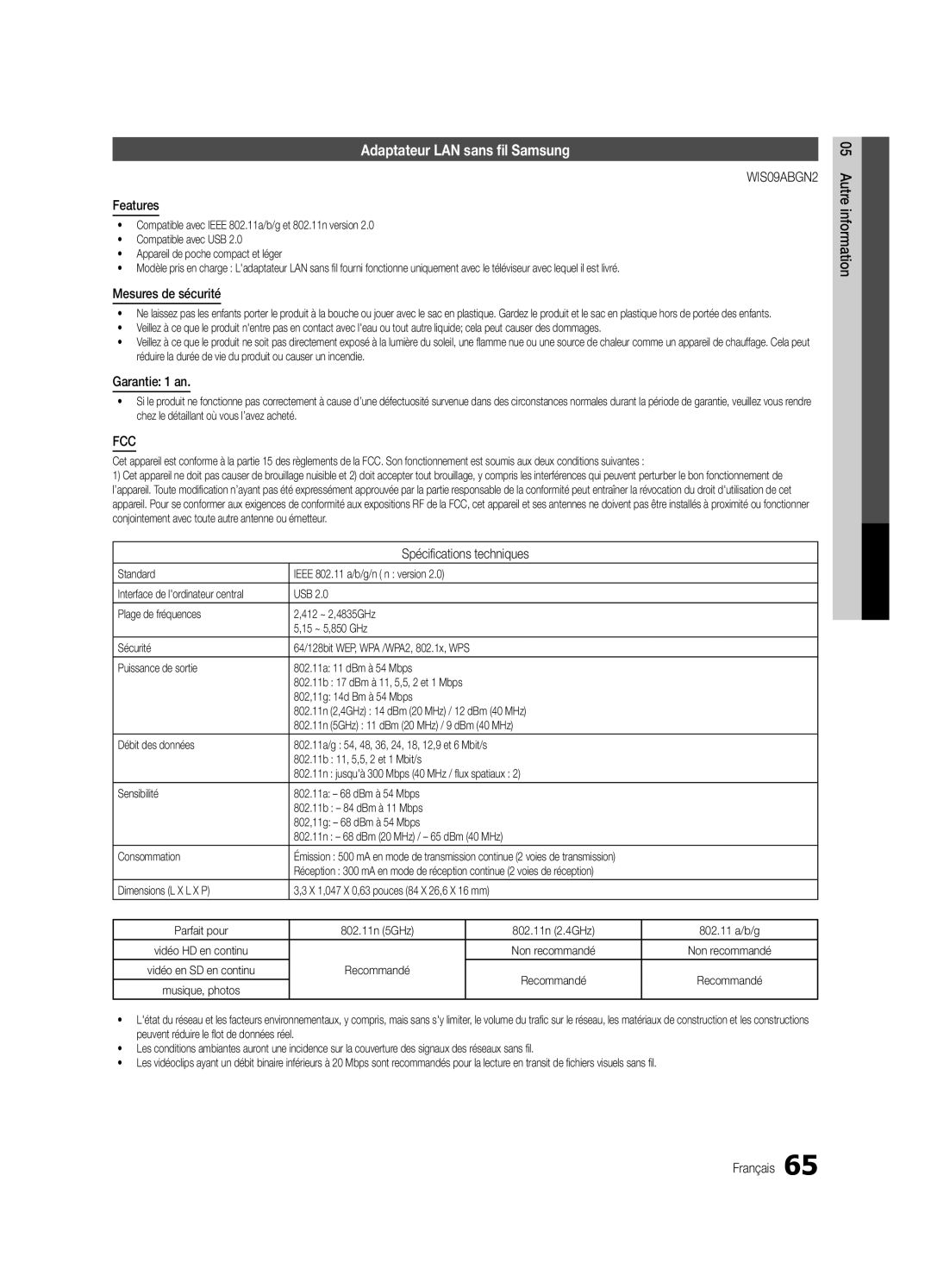 Samsung UC9000-NA Adaptateur LAN sans fil Samsung, Mesures de sécurité, Garantie 1 an, Spécifications techniques 