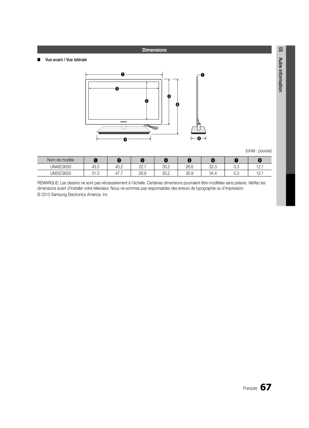 Samsung UC9000-NA, BN68-03088A-02 user manual Dimensions, Vue avant / Vue latérale 