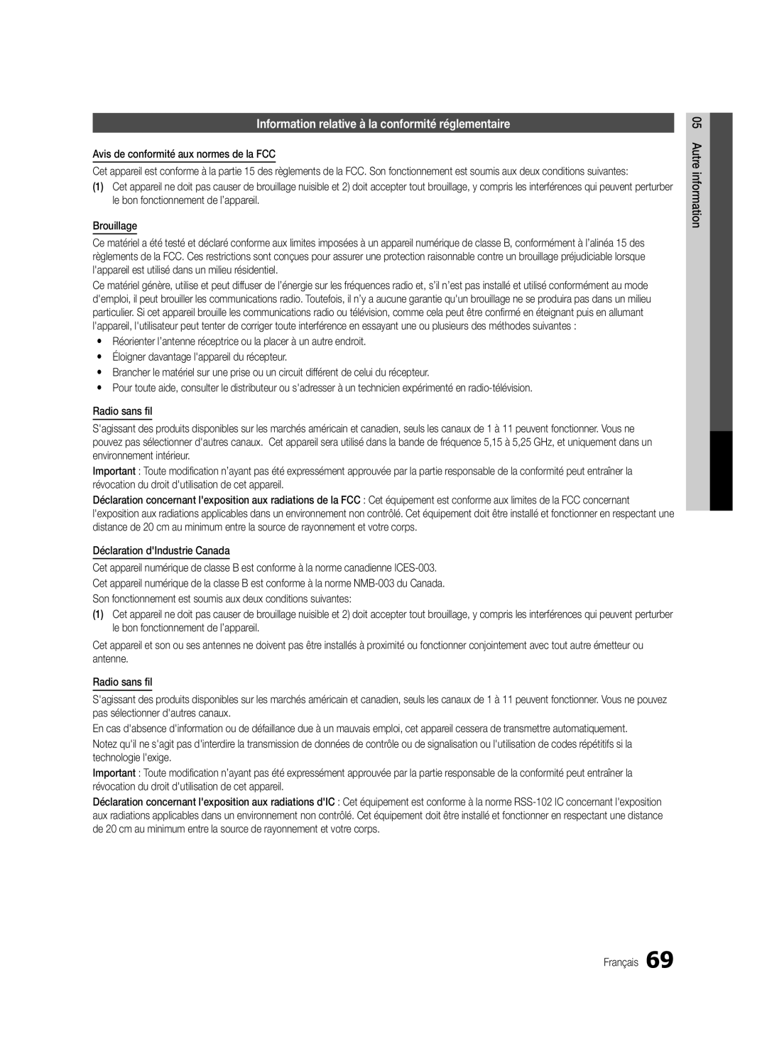 Samsung UC9000-NA user manual Information relative à la conformité réglementaire, Avis de conformité aux normes de la FCC 