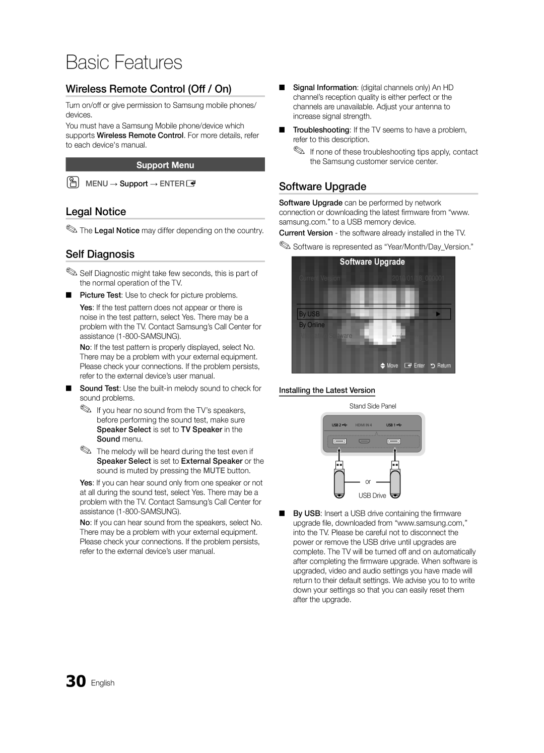 Samsung BN68-03088A-02, UC9000-NA Wireless Remote Control Off / On, Legal Notice, Self Diagnosis, Software Upgrade 