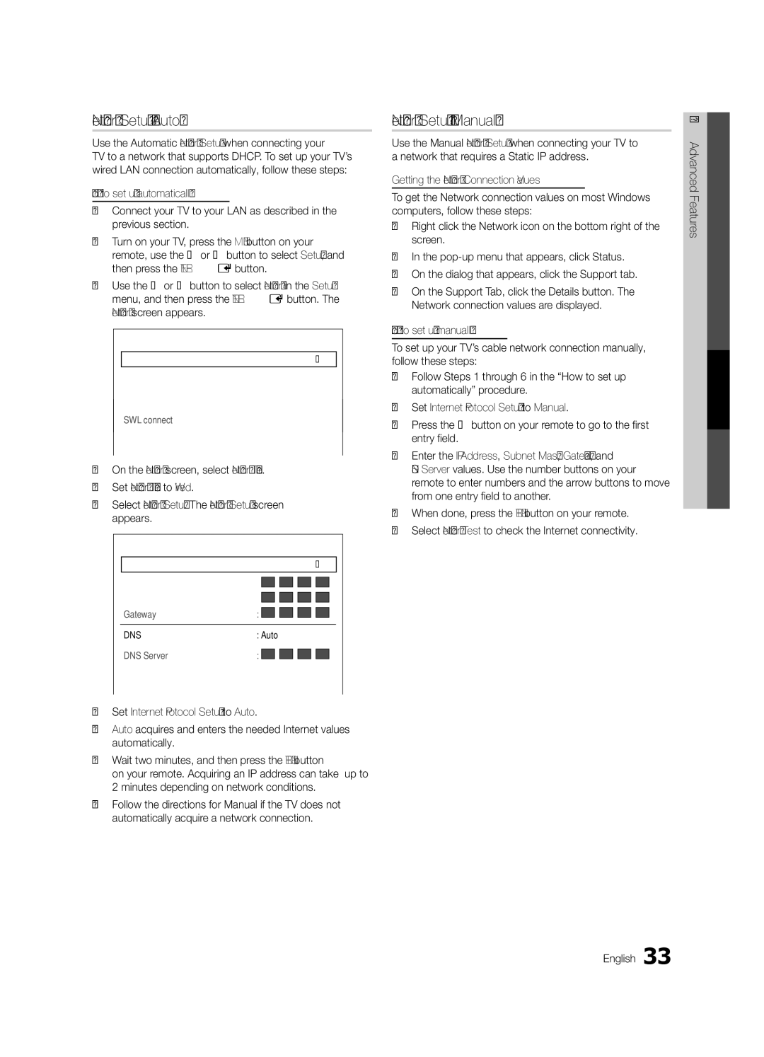 Samsung UC9000-NA, BN68-03088A-02 Network Setup Auto, Network Setup Manual, Network Type Wired Network Setup Network Test 