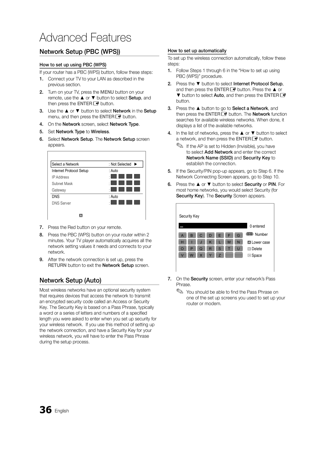 Samsung BN68-03088A-02, UC9000-NA user manual Network Setup PBC WPS, Security Key Entered ~9 Number, Delete 