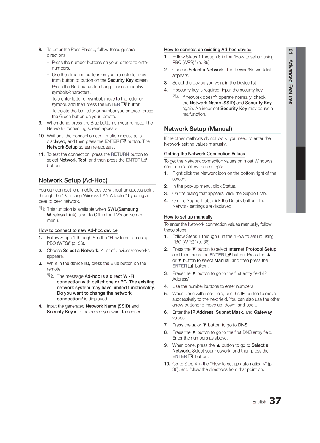 Samsung UC9000-NA, BN68-03088A-02 user manual Network Setup Ad-Hoc, Advanced Features English 