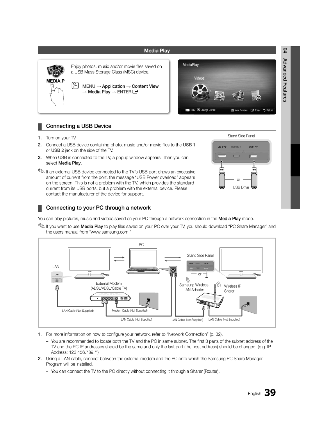 Samsung UC9000-NA Connecting a USB Device, Connecting to your PC through a network, Media Play, Stand Side Panel, Sharer 