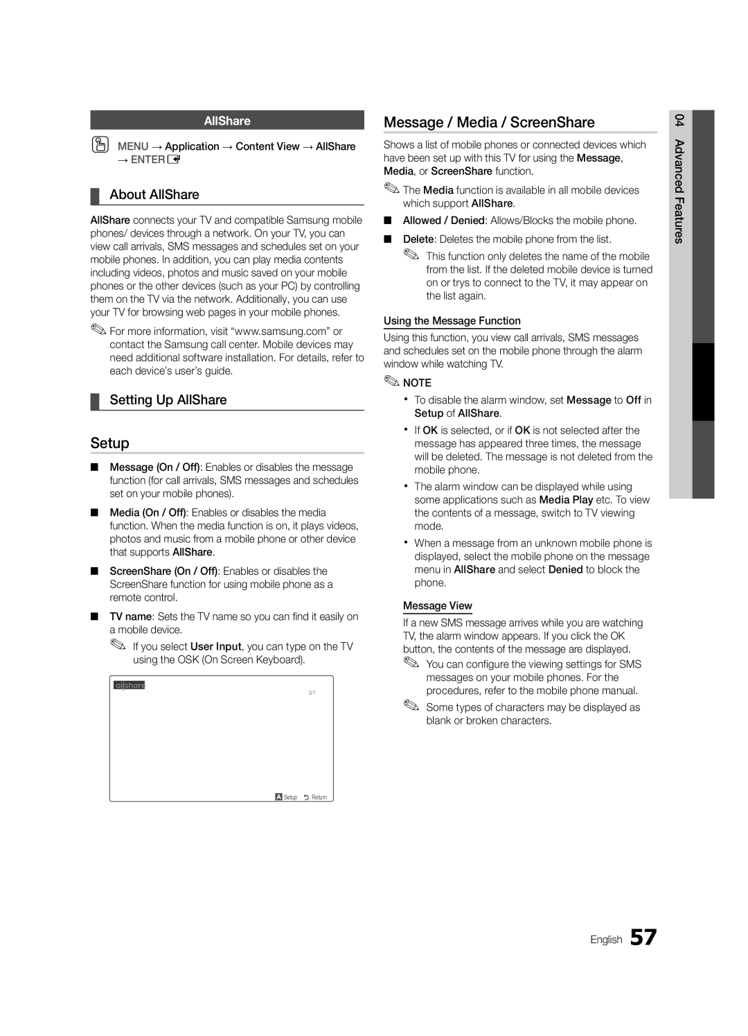 Samsung UC9000-NA, BN68-03088A-02 user manual Setup, Message / Media / ScreenShare, About AllShare, Setting Up AllShare 