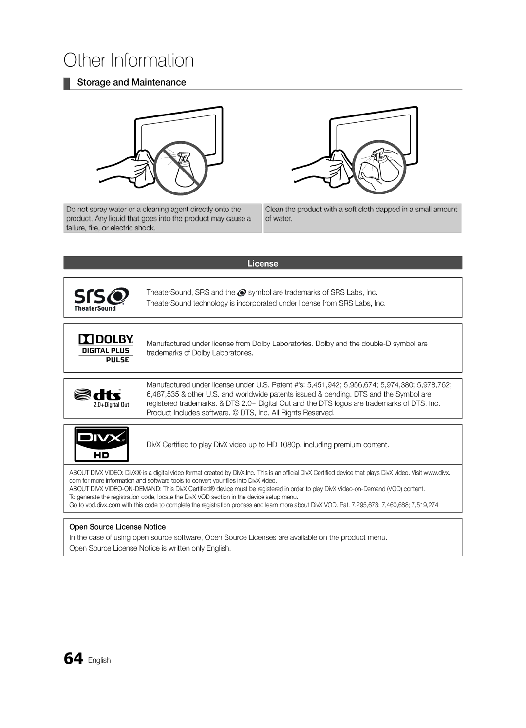 Samsung BN68-03088A-02, UC9000-NA user manual Storage and Maintenance, License 