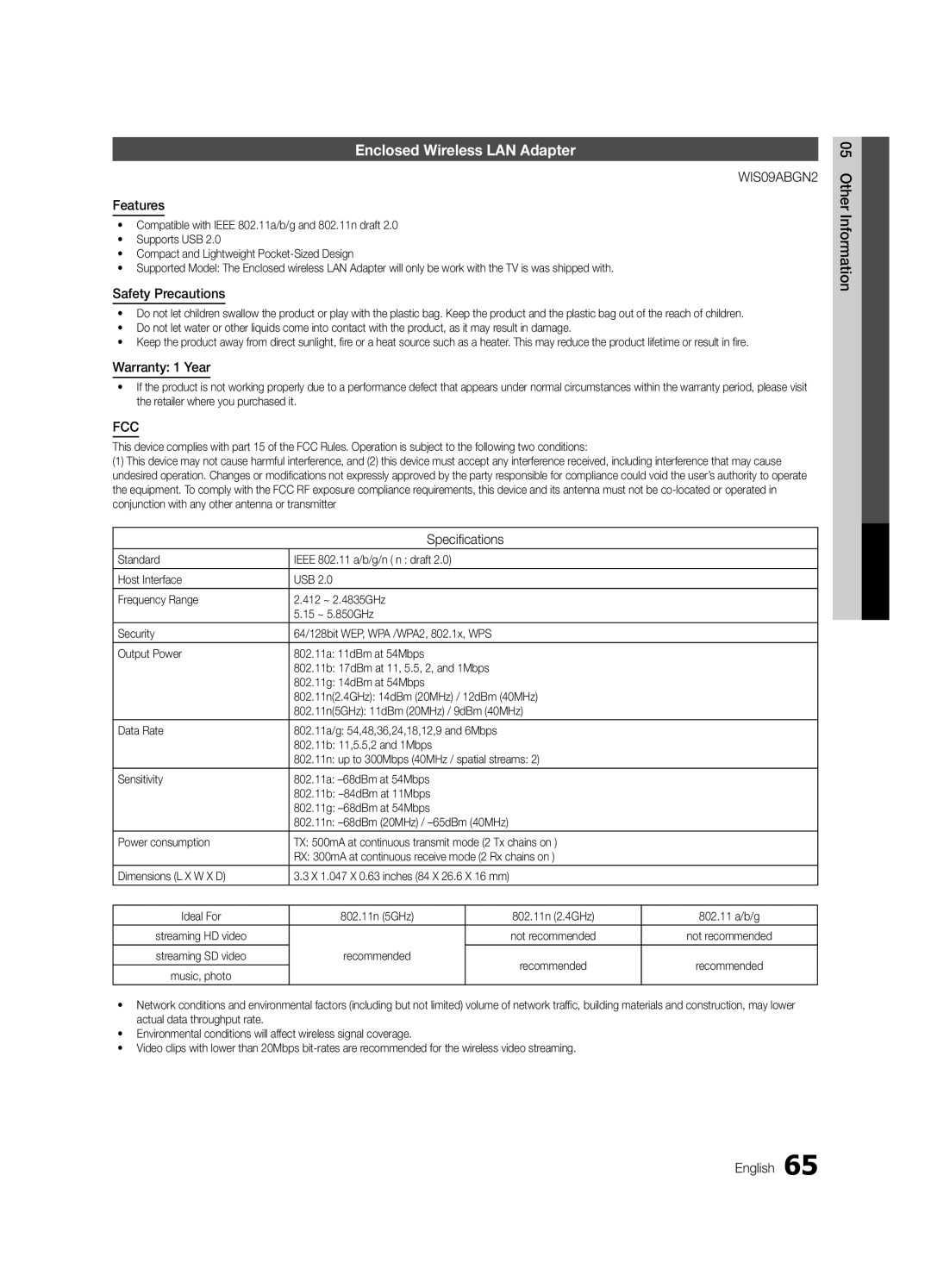 Samsung UC9000-NA, BN68-03088A-02 user manual Enclosed Wireless LAN Adapter, Safety Precautions, Warranty 1 Year 