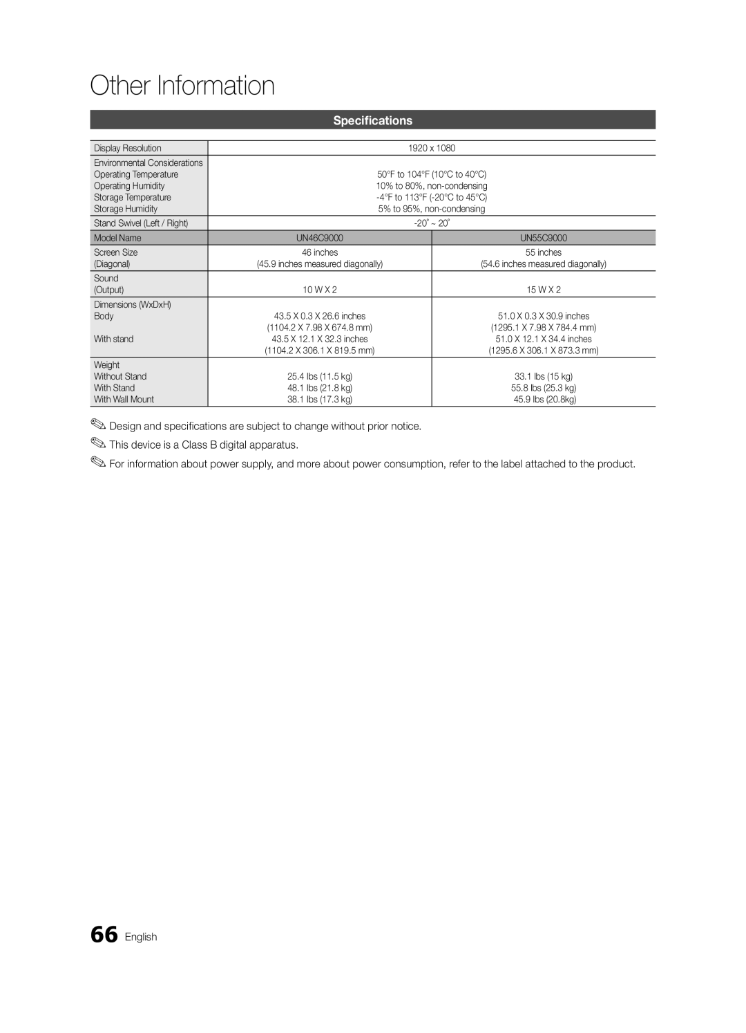 Samsung BN68-03088A-02, UC9000-NA user manual Specifications 