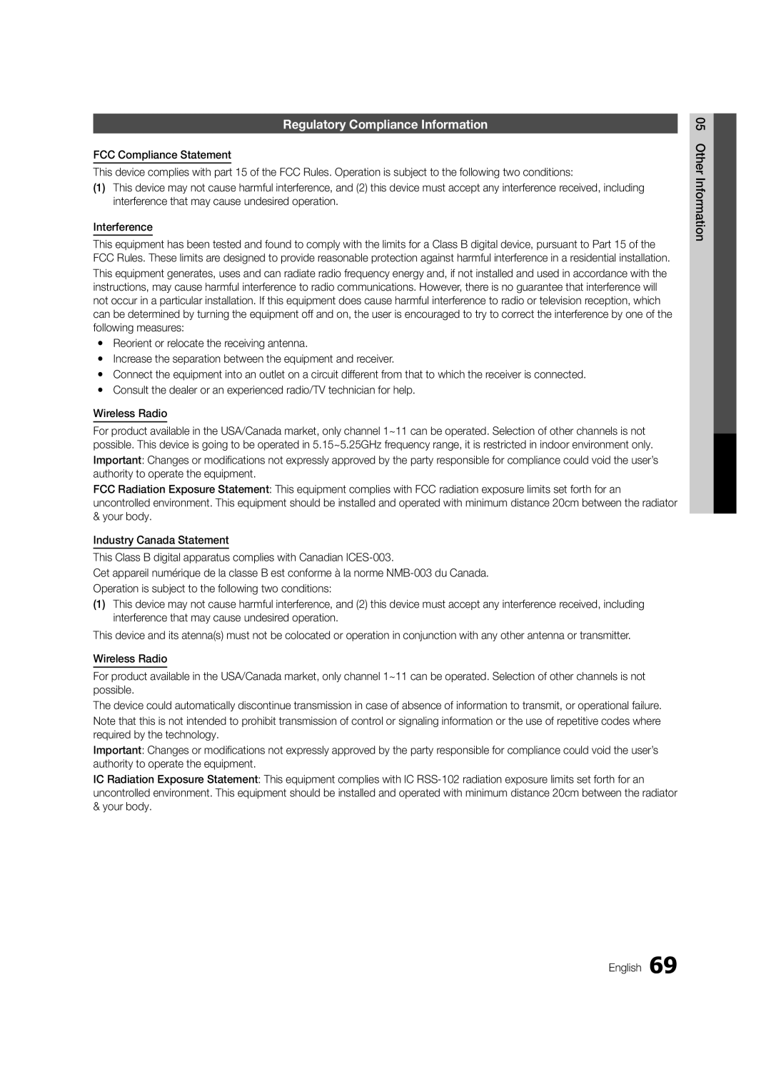 Samsung UC9000-NA, BN68-03088A-02 user manual Regulatory Compliance Information 