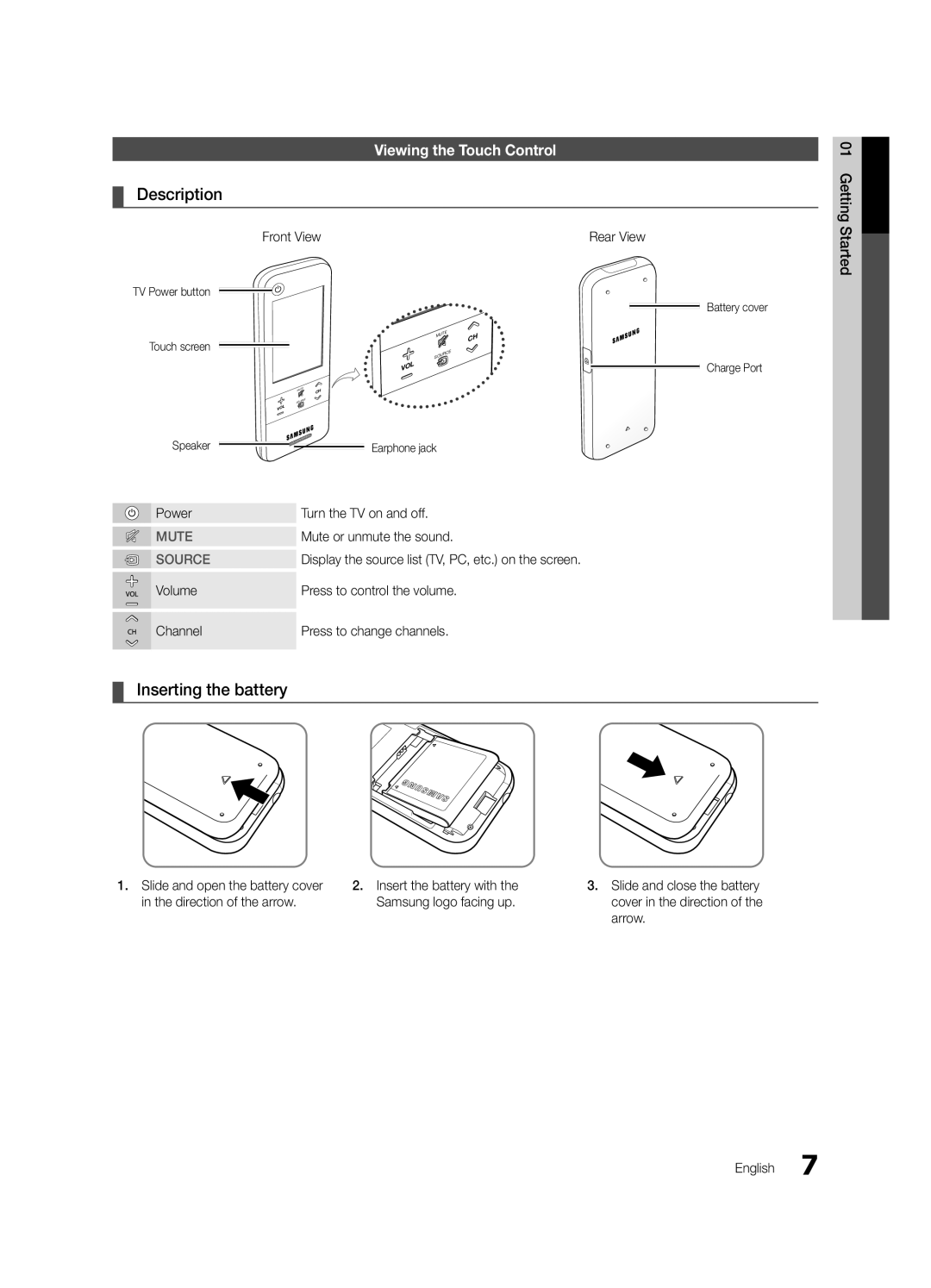 Samsung UC9000-NA, BN68-03088A-02 user manual Viewing the Touch Control 