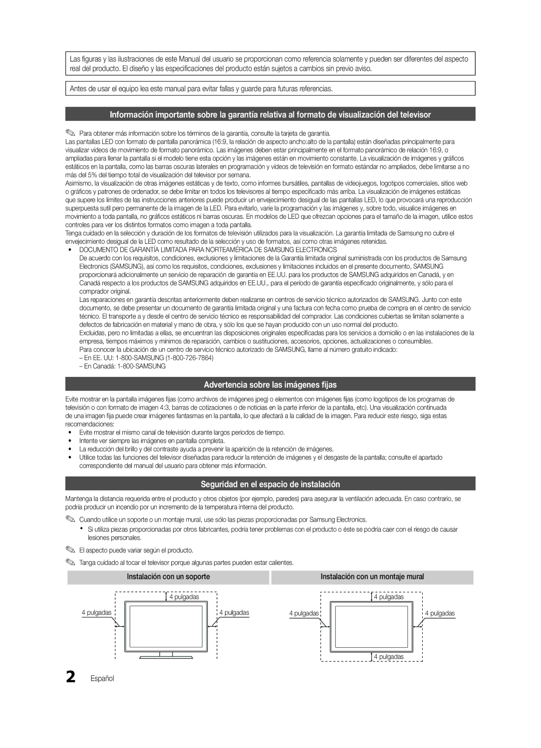 Samsung UC9000-NA, BN68-03088A-02 user manual Advertencia sobre las imágenes fijas, Seguridad en el espacio de instalación 