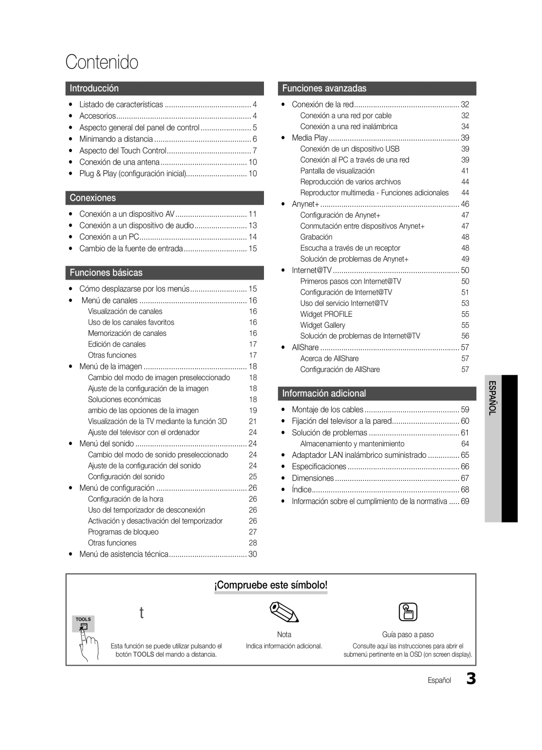 Samsung BN68-03088A-02, UC9000-NA user manual Contenido, ¡Compruebe este símbolo 