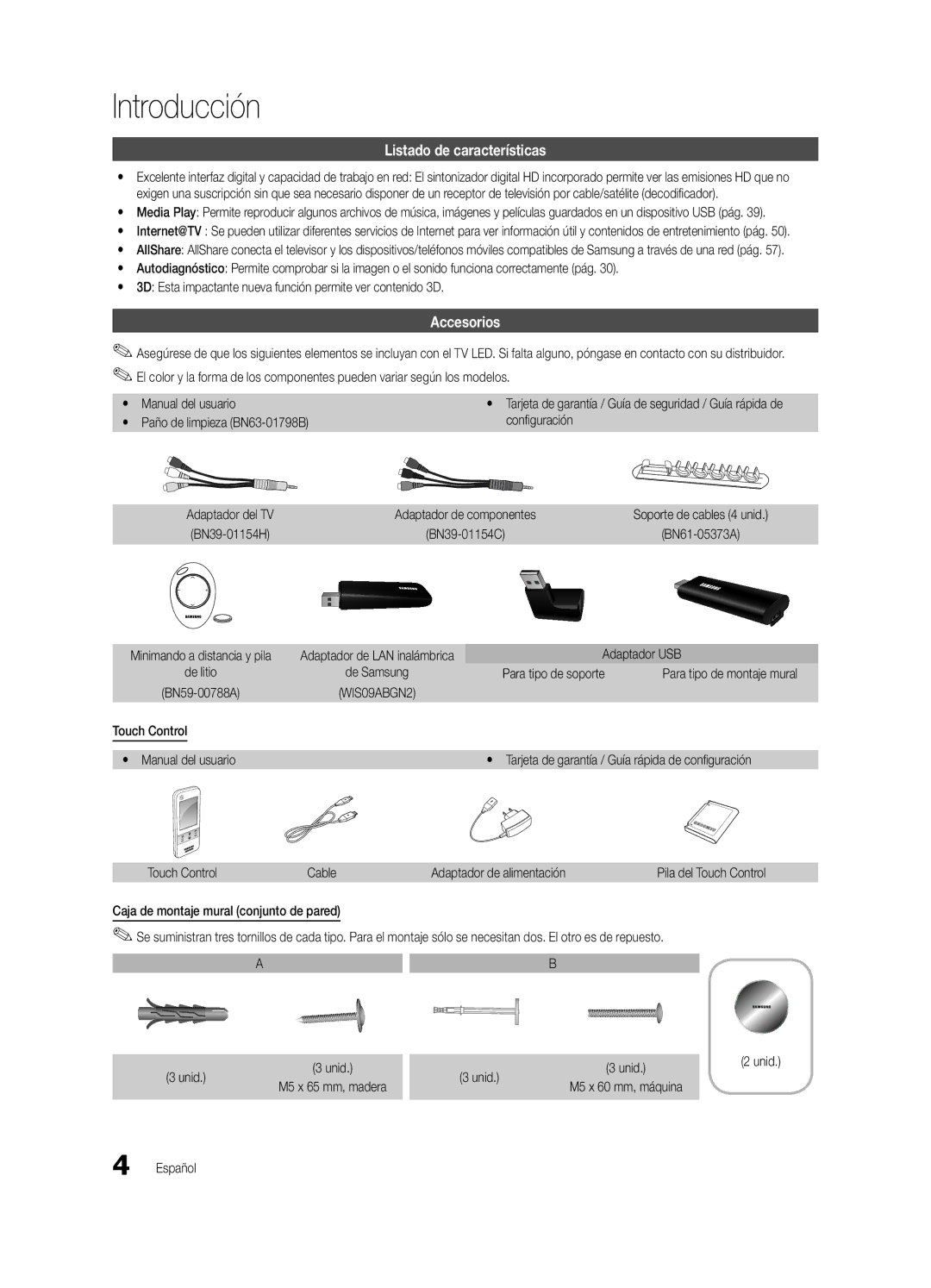 Samsung UC9000-NA, BN68-03088A-02 user manual Introducción, Listado de características, Accesorios 