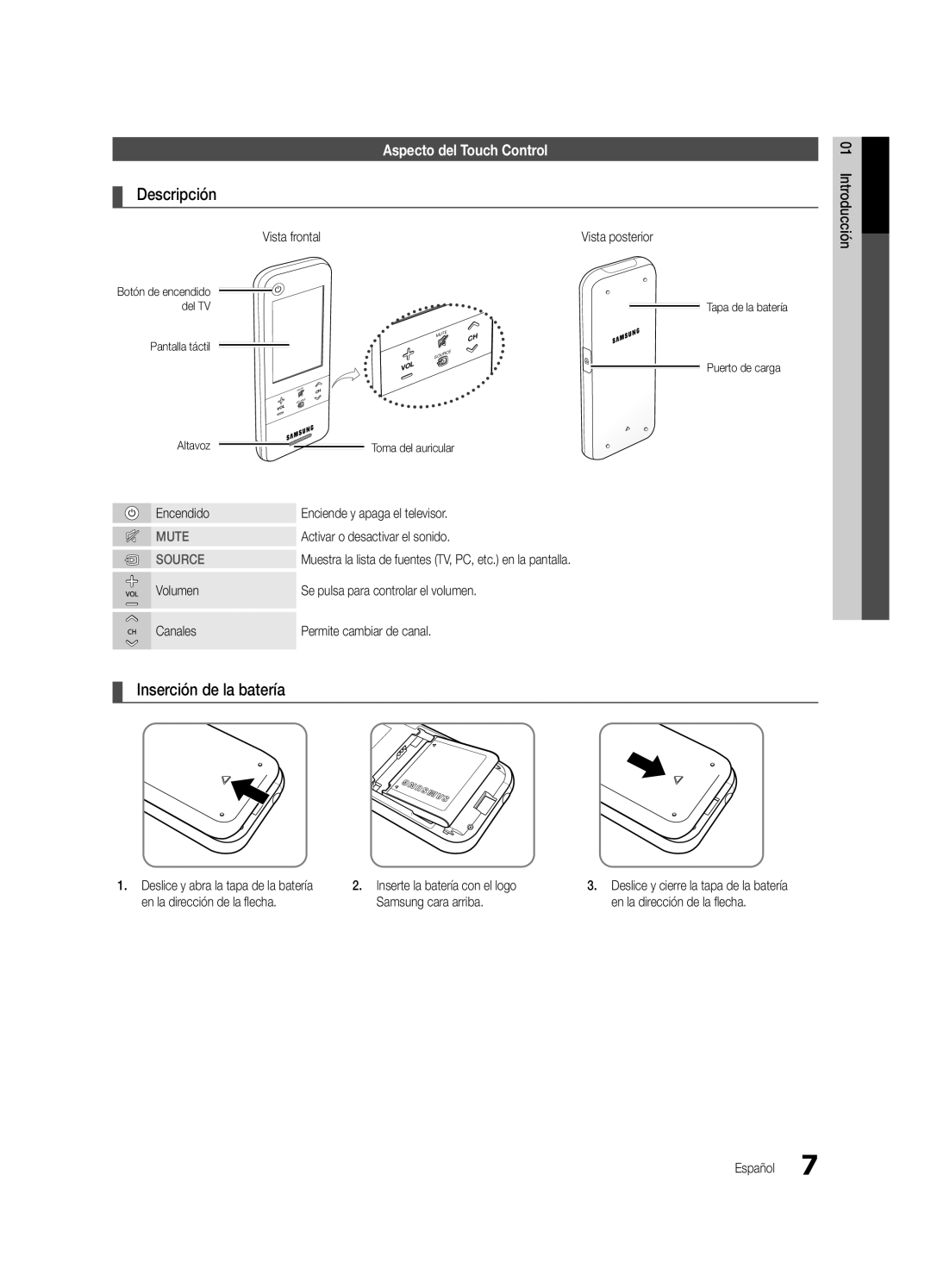 Samsung BN68-03088A-02, UC9000-NA user manual Aspecto del Touch Control, Vista posterior, Encendido 