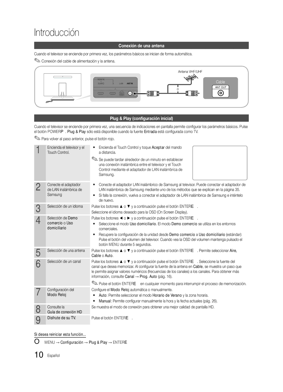 Samsung UC9000-NA, BN68-03088A-02 user manual Conexión de una antena, Plug & Play configuración inicial 