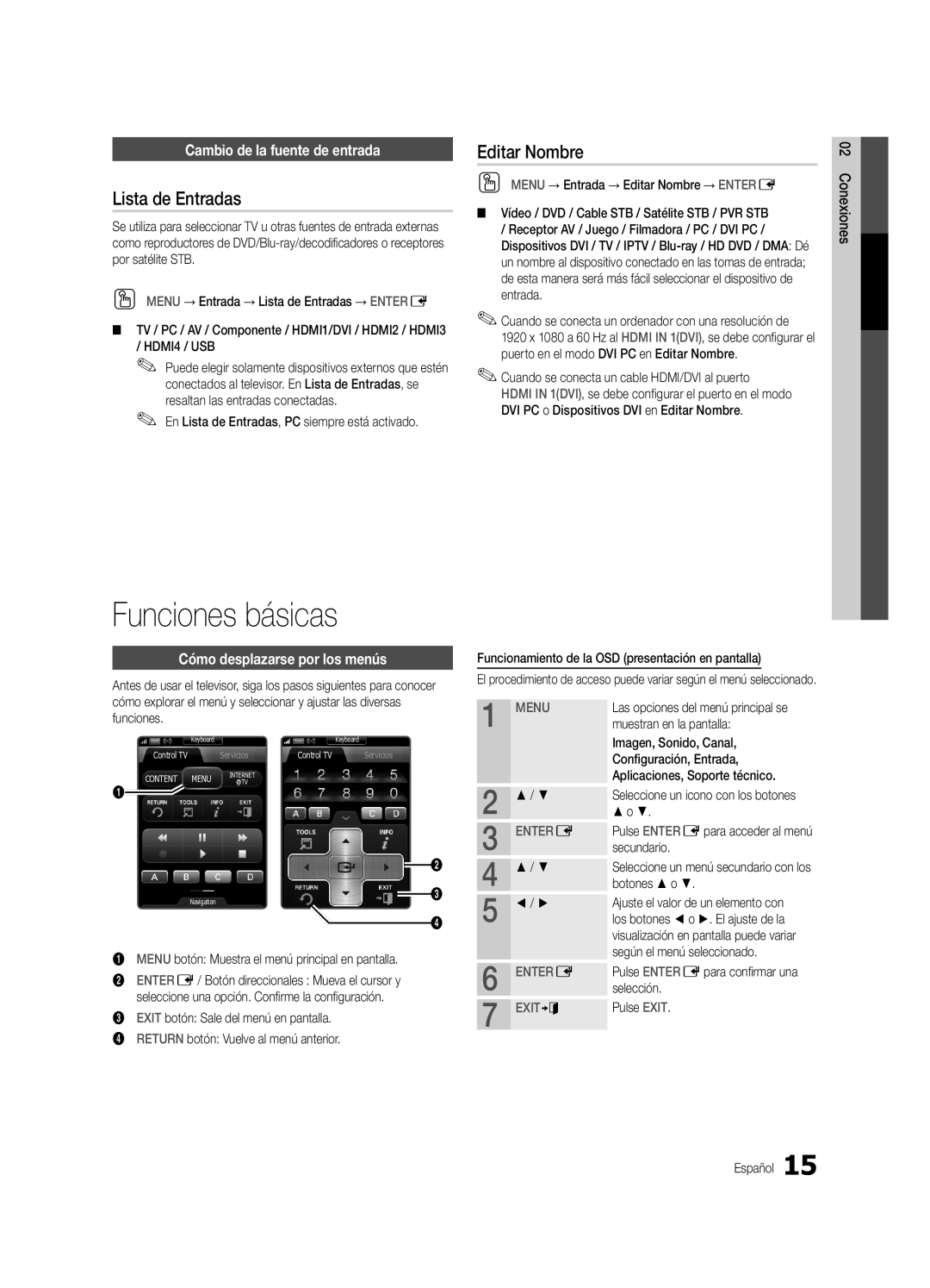 Samsung BN68-03088A-02, UC9000-NA Funciones básicas, Lista de Entradas, Editar Nombre, Cambio de la fuente de entrada 