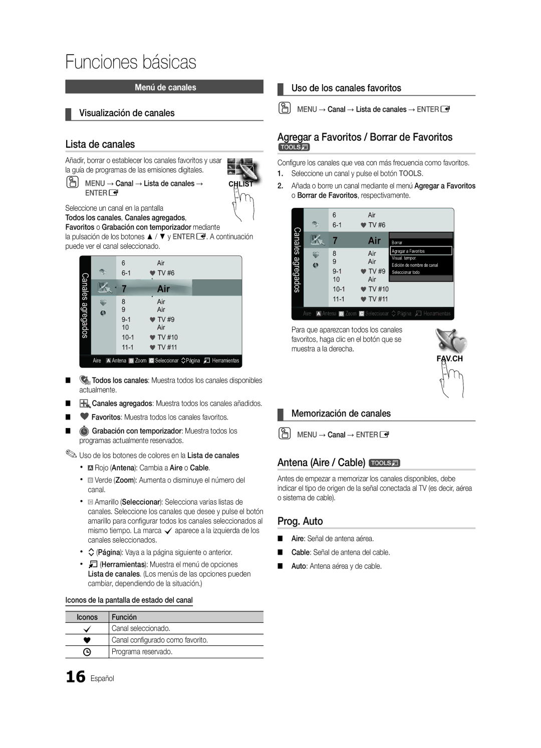 Samsung UC9000-NA Lista de canales, Agregar a Favoritos / Borrar de Favoritos t, Antena Aire / Cable t, Prog. Auto 
