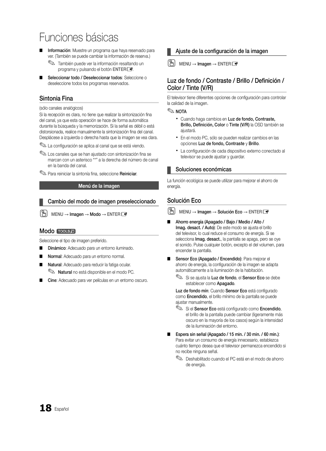 Samsung UC9000-NA, BN68-03088A-02 user manual Sintonia Fina, Modo t, Solución Eco 