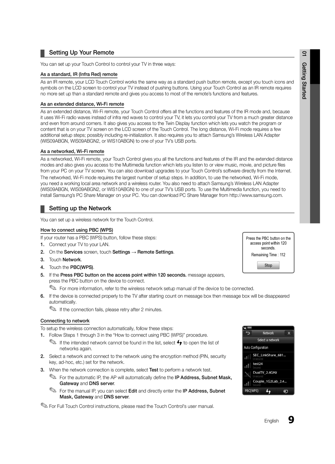 Samsung UC9000-NA, BN68-03088A-02 Setting Up Your Remote, Setting up the Network, As an extended distance, Wi-Fi remote 