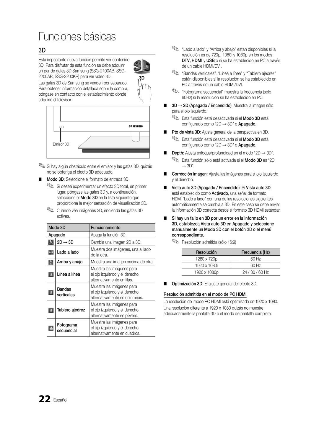 Samsung UC9000-NA user manual 2200AR, SSG-2200KR para ver vídeo 3D, Modo 3D Seleccione el formato de entrada 3D, De la otra 