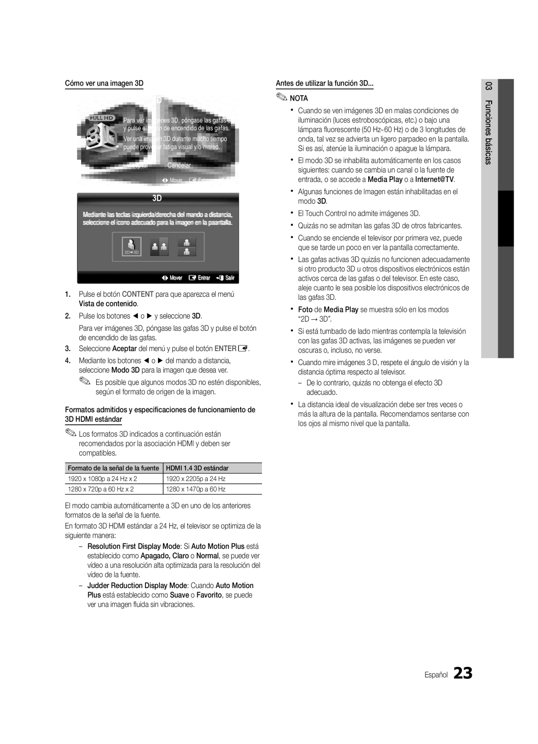 Samsung BN68-03088A-02, UC9000-NA user manual Cómo ver una imagen 3D, Antes de utilizar la función 3D 