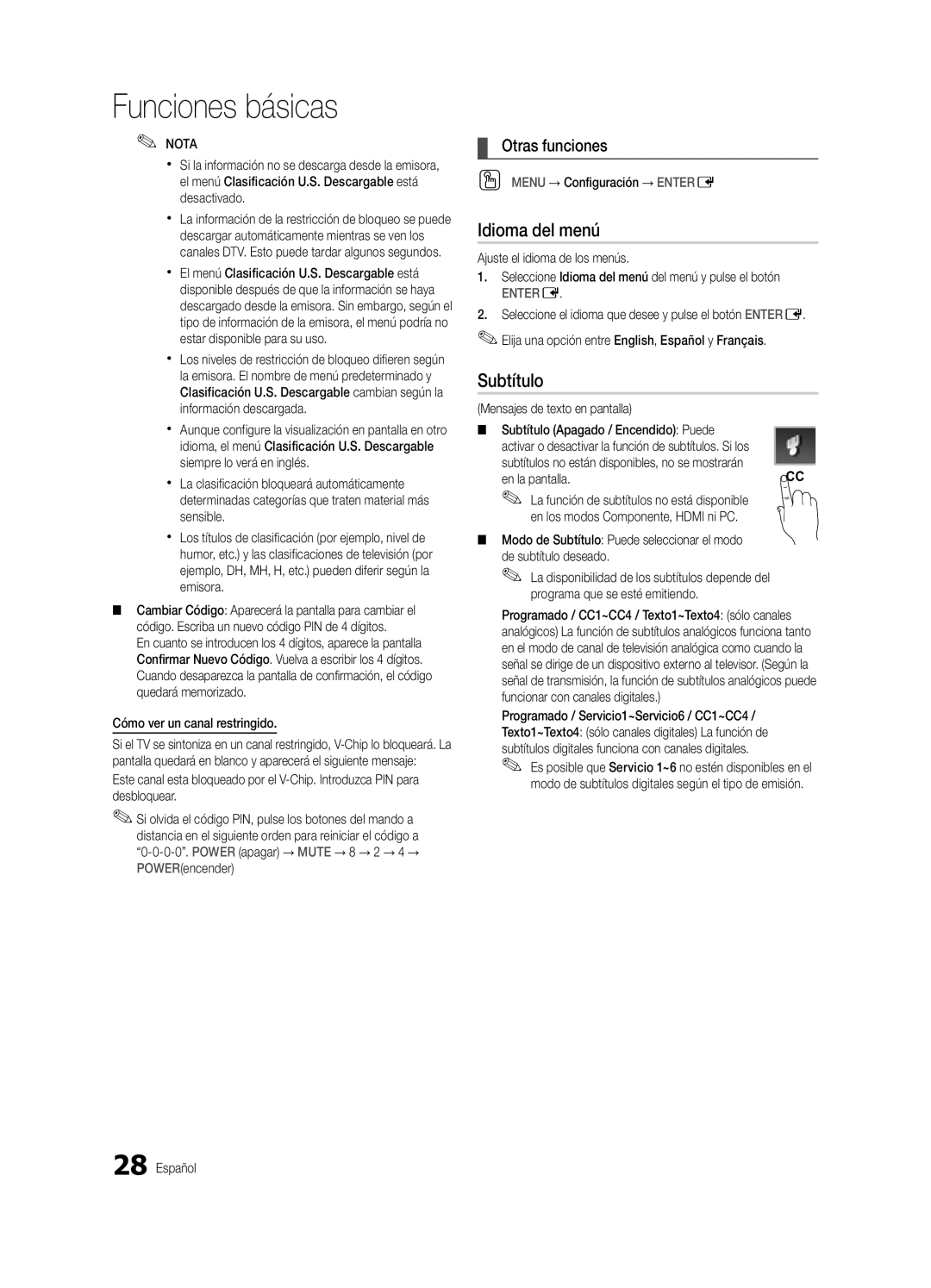 Samsung UC9000-NA user manual Idioma del menú, Subtítulo, Cómo ver un canal restringido, OO Menu → Configuración → Entere 