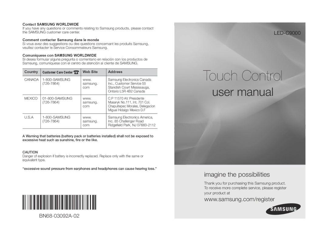 Samsung LED-C9000, BN68-03092A-02 user manual Contact Samsung Worldwide, Miguel Hidalgo Mexico D.F 