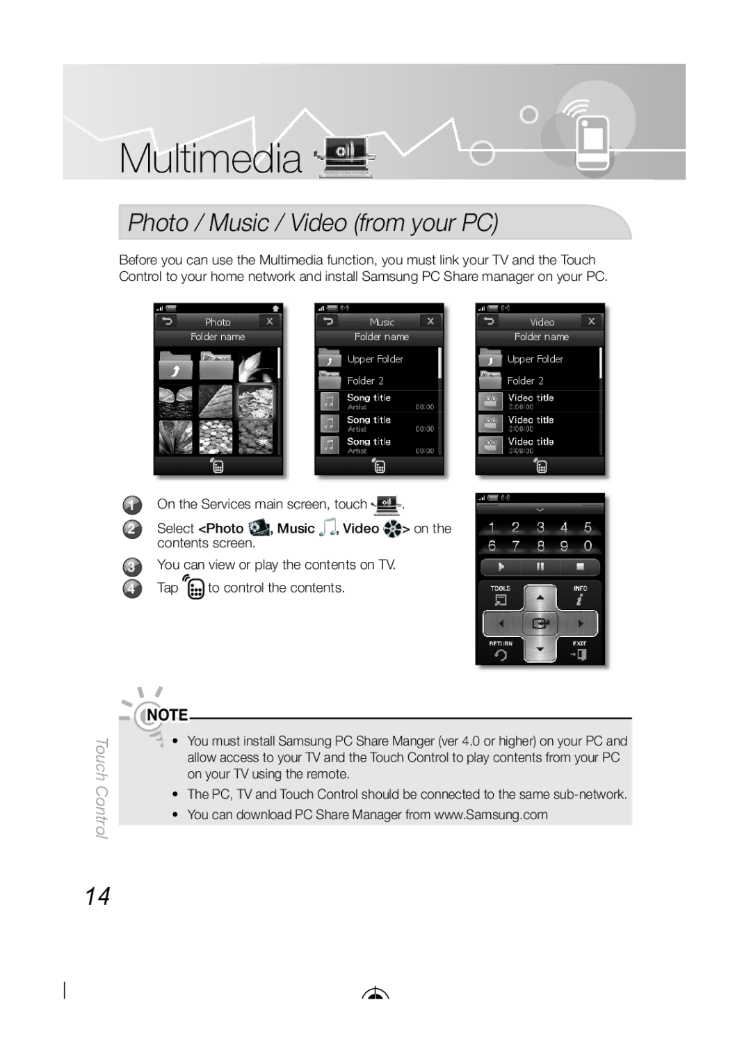 Samsung BN68-03092A-02, LED-C9000 user manual Multimedia, Photo / Music / Video from your PC, Upper Folder 