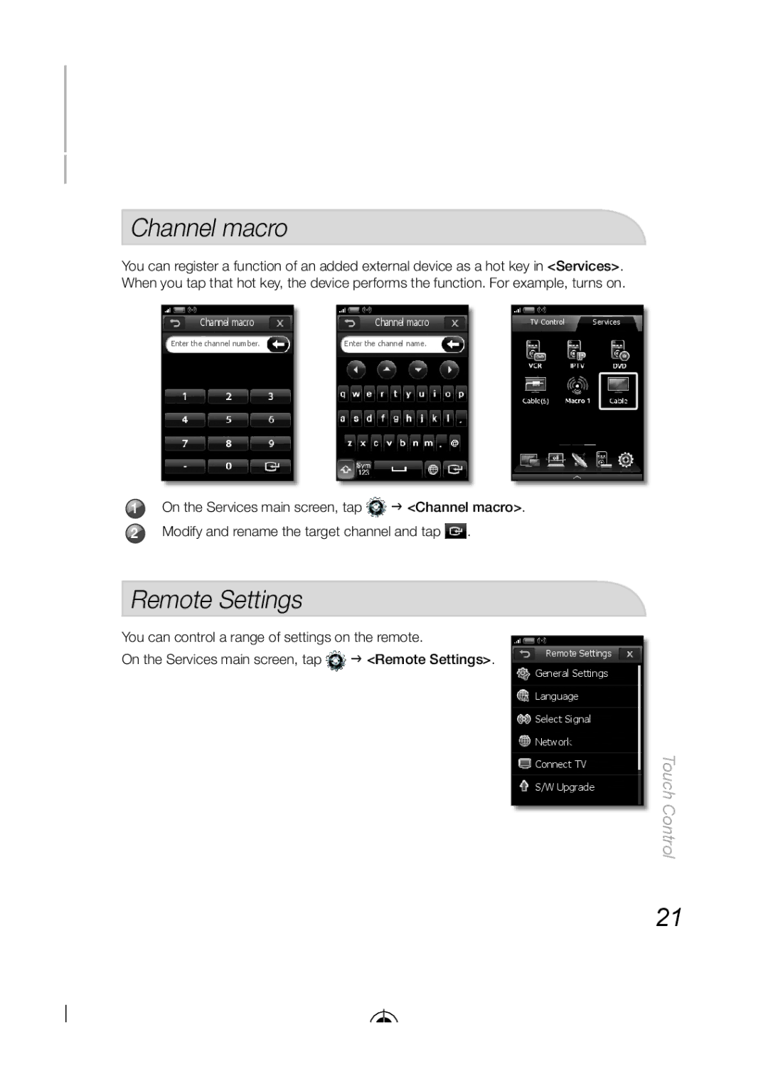 Samsung LED-C9000, BN68-03092A-02 Channel macro, Remote Settings, You can control a range of settings on the remote 