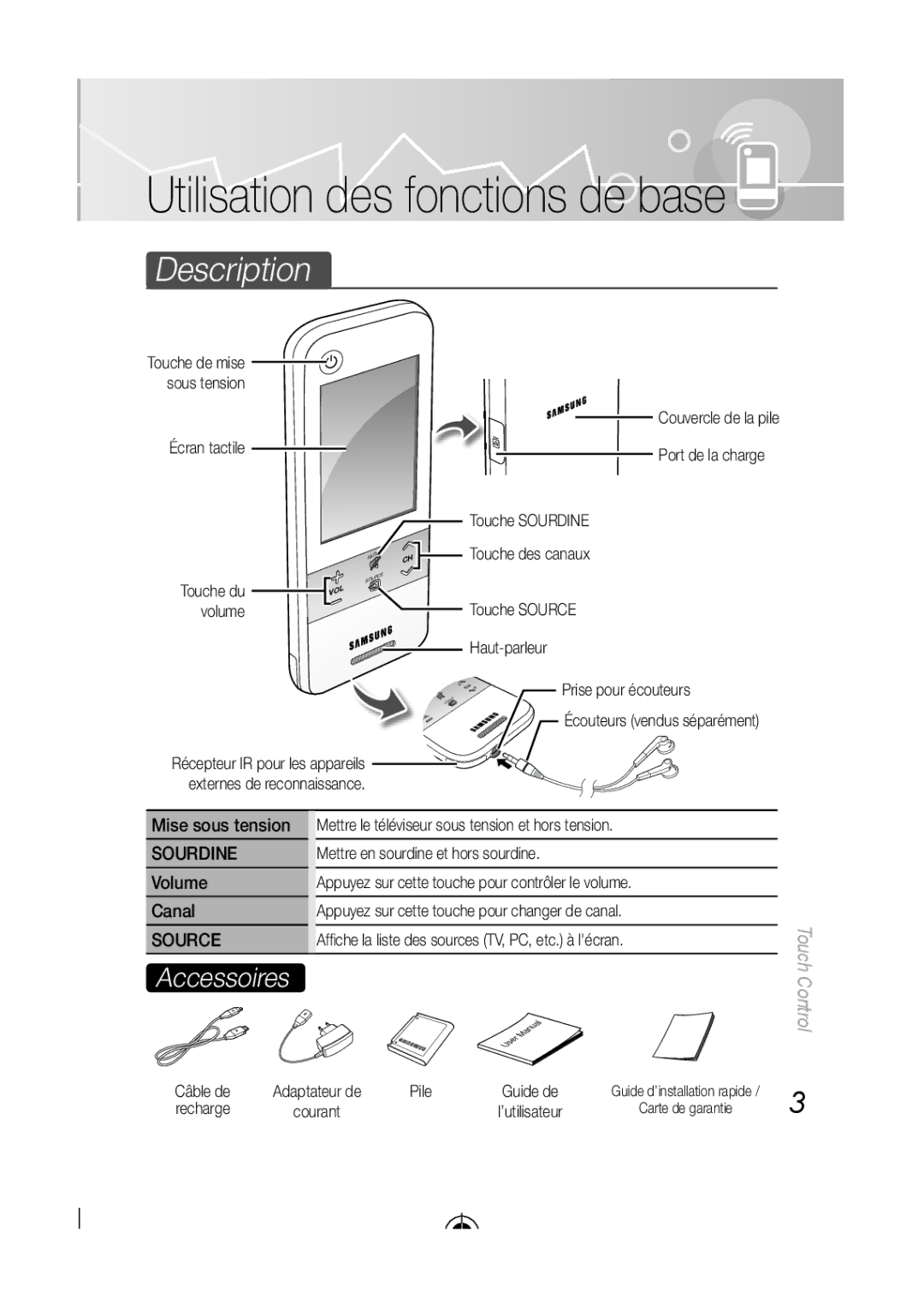 Samsung LED-C9000 Écran tactile Couvercle de la pile Port de la charge, Mise sous tension, Volume, Câble de, Pile 