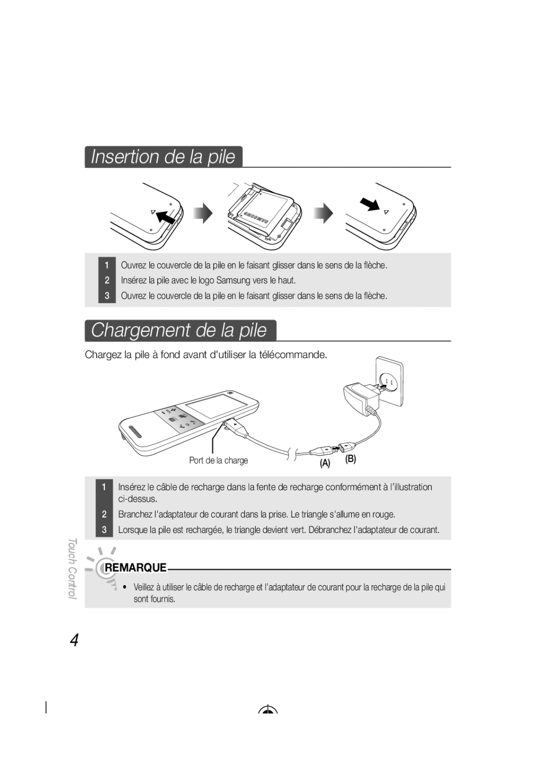 Samsung BN68-03092A-02 Insertion de la pile, Chargement de la pile, Chargez la pile à fond avant dutiliser la télécommande 